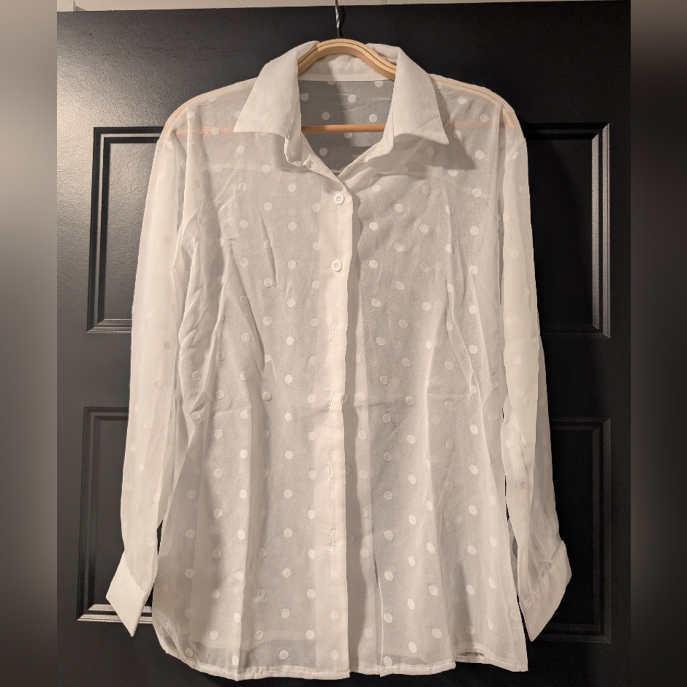 Sheer White Polka Dot Button-Up Blouse